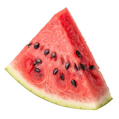 triangular vibrant slice of watermelon features juicy red flesh with tiny black seeds, isolated on transparent background