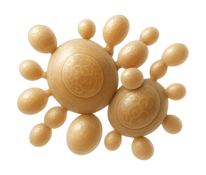 Yeast cell cluster with multiple buds at different growth stages.