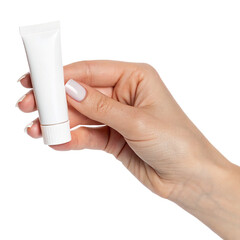 Person holding a small white cream tube  isolated on transparent background