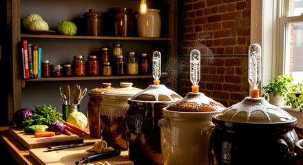 Home Fermentation Crocks Bubbling with Airlocks in Kitchen