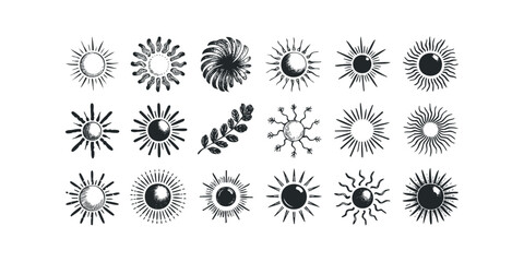 Collection of diverse hand-drawn sun and floral motif icons