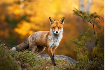 A red fox stands against the backdrop of a forest with yellow leaves.