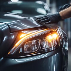 Detailing car hand polishing of the headlight