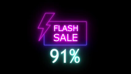 Neon flash sale promotion with 91% percent discount, glowing lightning bolt and rectangle frame on black background for limited time offer