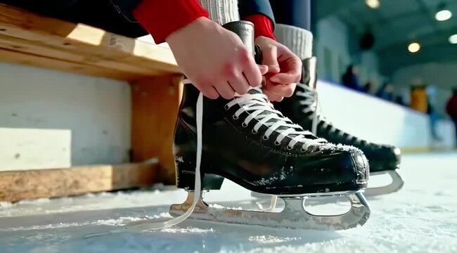 Skater preparing for ice performance, lacing up black ice skates on rink, showcasing detailed action sequence, camera follows movement closely, capturing the anticipation and focus of the moment