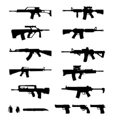collection of weapon and firearm silhouettes including rifles pistols and ammunition