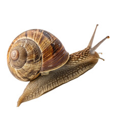 Close-up of a brown garden snail moving slowly  isolated on transparent background