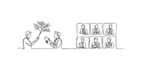 One line drawing of man presenting plant and audience