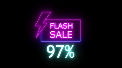 Neon flash sale promotion with 97% percent discount, glowing lightning bolt and rectangle frame on black background for limited time offer