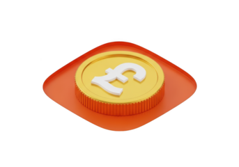 Gold coin with pound sterling symbol isolated on transparent background