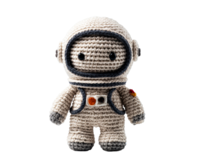 Handmade Crochet Astronaut Doll with Space Suit on a transparent background, cut out