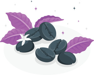 Dark coffee beans with purple leaves and white flower vector