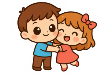 Adorable cartoon boy and girl embracing happily, radiating joy and affection. Background is translucent