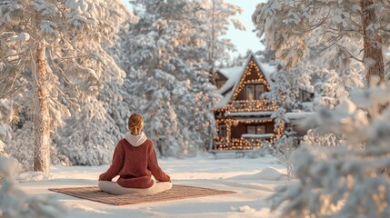 Winter yoga, Young woman meditates on blanket in snowy pine forest, Christmas decorations on background, serene atmosphere, concept of work life balance, self care, mindfulness and morning routine
