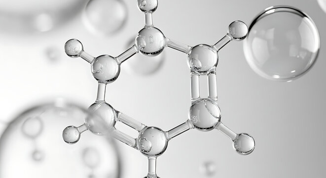 Close up of a transparent molecular structure with water droplets and bokeh background representing science and chemistry