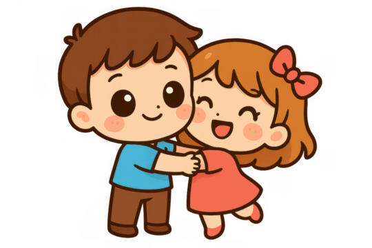 Adorable cartoon boy and girl embracing happily, radiating joy and affection. Background is translucent