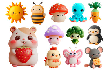 Naklejka premium Adorable Kawaii 3D Animal and Nature Characters: Hamster, Bee, Mushroom, and More 