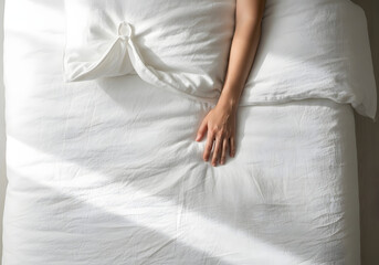 Naklejka premium Relaxing hand on white bed linen minimalist aesthetic