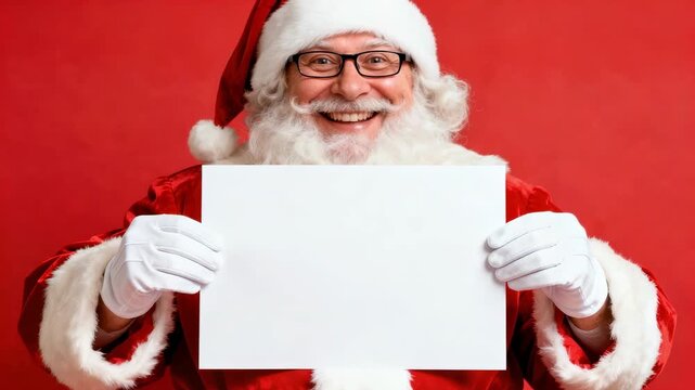 Joyful Santa Claus in festive attire holds blank sign, showcasing cheerful expression against vibrant red backdrop, capturing holiday spirit with engaging visuals