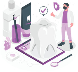 Dentist with giant tooth and dental hygiene products oral care