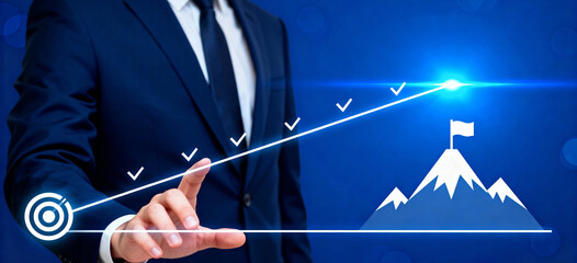 Businessman Setting Goals on Digital Path to Mountain Peak Success, Business Strategy