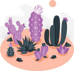 Desert landscape with purple and dark blue cacti and orange sun cactus nature