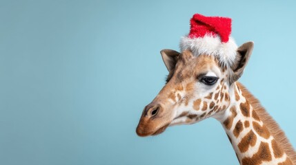 A giraffe wearing a red Santa hat against a light blue background. The giraffe has a distinctive coat pattern with brown patches and a long neck.