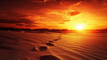 Sunset over a vast desert plateau with dramatic orange and red sky, showcasing mesa silhouettes with long shadows and deep warm tones.