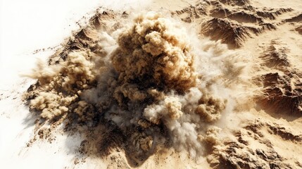 Single palm tree growing in soft sand with clear sky and tropical beach scenery isolated on white background
