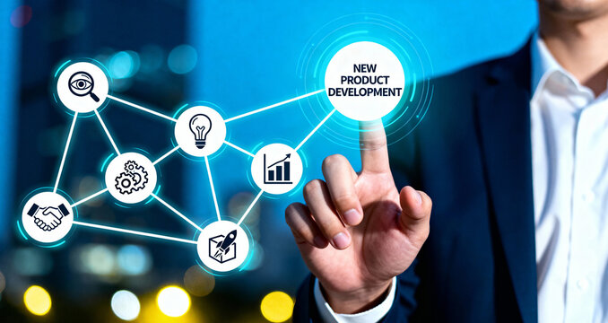 Businessman Interacting with Digital Innovation Strategy Network, New Product Development