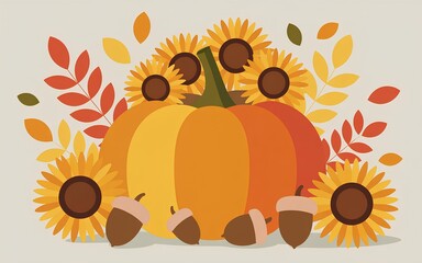 Flat vector illustration with pumpkin, autumn leaves, sunflowers, acorns on a light background. Background for Thanksgiving, cards, banners. Seasonal harvest