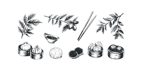 Hand Drawn Asian Dumplings with Leaves and Chopsticks