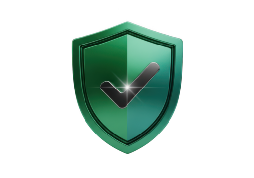 Green shield with checkmark isolated on transparent background