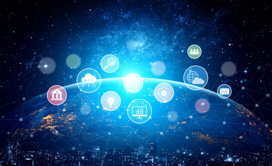 Set of business and digital service icons representing finance, cloud, analytics, email, communication, ecommerce, cybersecurity, and global connectivity in a modern ecosystem Vouch