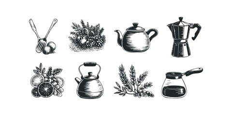 Vintage kitchen and beverage preparation items drawing