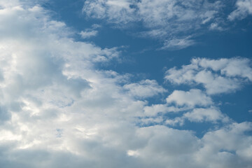 Blue Sky with White Clouds, Sunny Cloudy Sky Texture Background, Fluffy Clouds Pattern, Sunny Cumulus