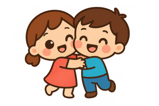 Chibi couple hugging, showing love and affection, happy boy and girl embracing in cartoon illustration with transparent background