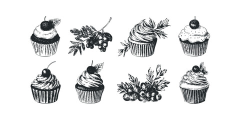 Obraz premium Hand Drawn Cupcakes and Berries Collection