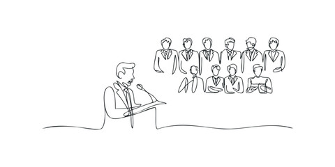 Obraz premium Man speaking at podium to assembled group of figures