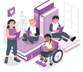 Diverse children reading books on large books in a library call illustration