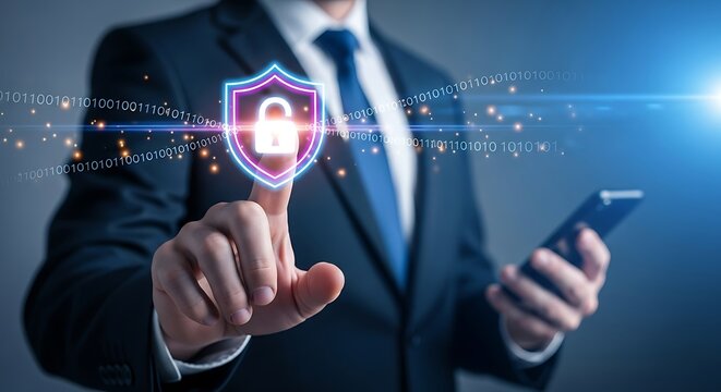 Businessman touching virtual shield padlock icon for cybersecurity, data protection, and secure network access concept