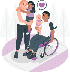 Diverse family with disabled parent enjoying time outdoors wheelchair baby