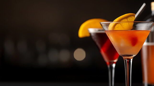 Elegant cocktails with orange garnish, set against a blurred backdrop. The drinks offer a refreshing and visually appealing beverage option for any occasion.