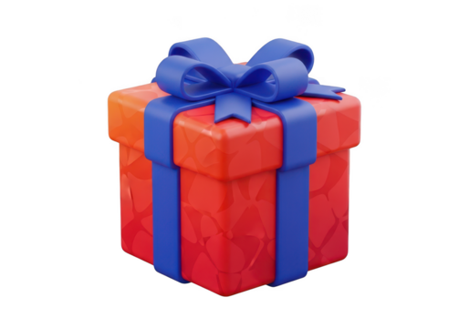 Red gift box with blue ribbon and bow, isolated on transparent background