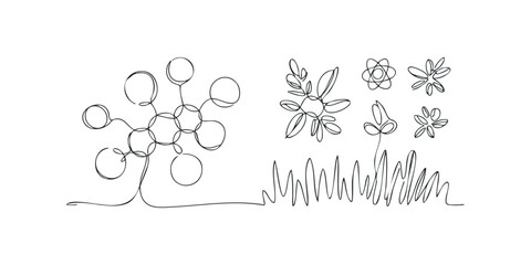 Obraz premium Abstract continuous line drawing of molecular structure and plant forms