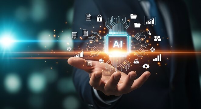 Corporate executive interacting with a high-tech hologram showing the synergy between artificial intelligence and secure cloud file storage