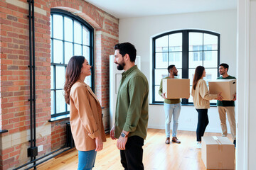 Young woman and young man standing face to face smiling while multiethnic young adults in background carrying cardboard boxes during moving process