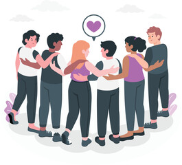 Diverse group of friends embracing in a circle with a heart icon diversity friendship