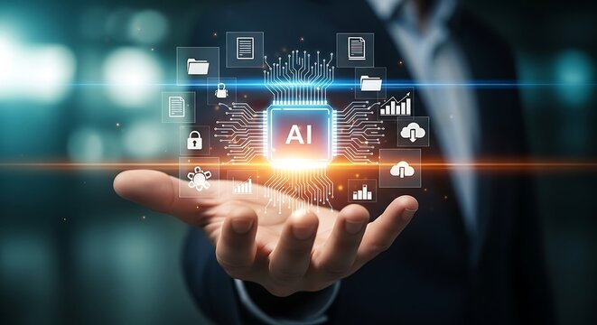 Businessman presenting a glowing AI microchip solution for organizing digital archives, managing big data, and optimizing office workflow - Powered by Adobe