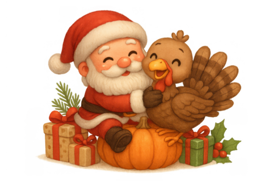 Santa claus and turkey embracing with gifts, pumpkin, celebrating christmas and thanksgiving holidays together
